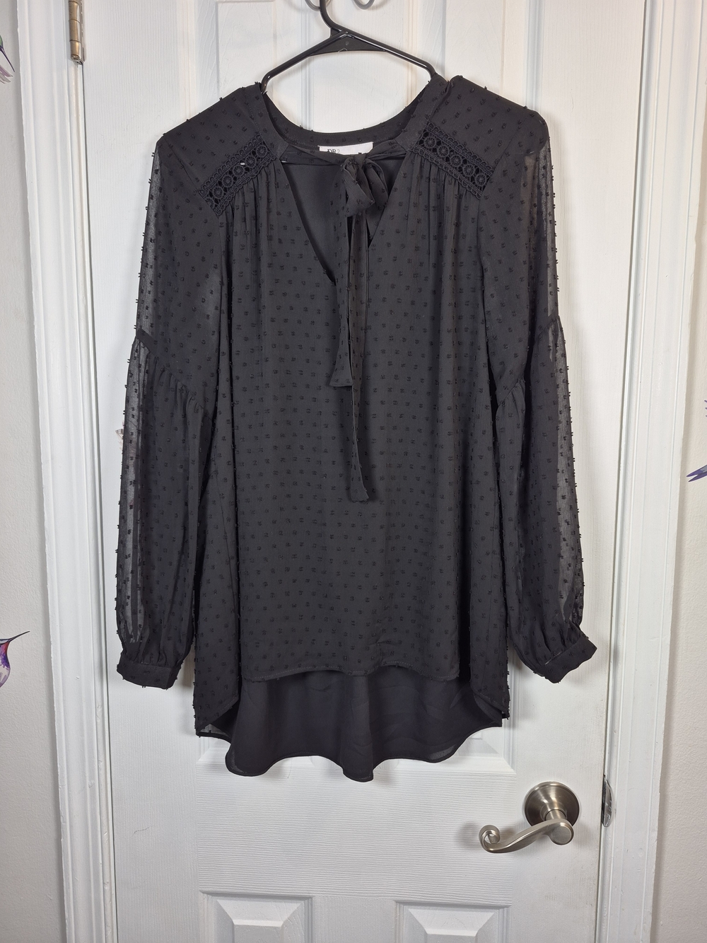 DR2 Whimsigoth Black Clip Dot Tie Neck Blouse Spring Boho Chic Small